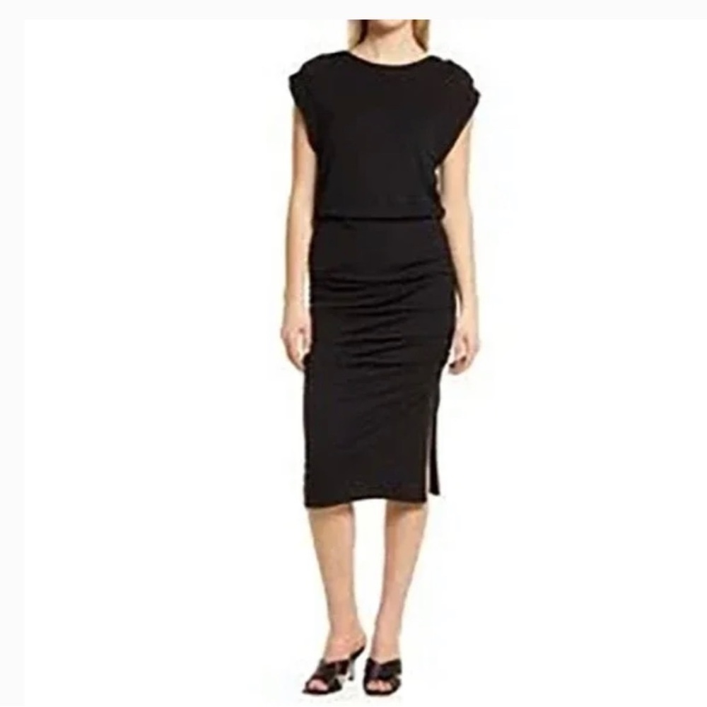 NWT Halogen Nordstrom Gathered Midi Cap Sleeve Ruched Black Knit‎ Size S Dress